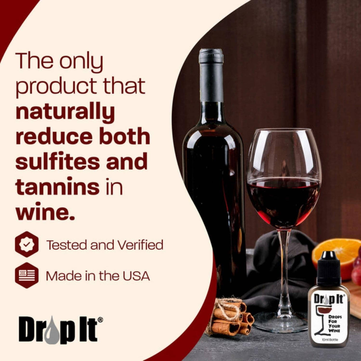 Drop It wine drops set with two 10ml bottles, shown with a wine glass