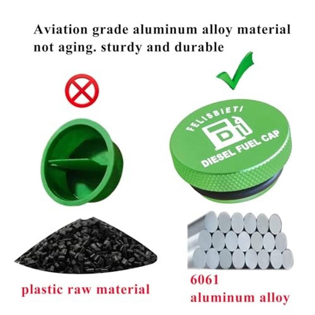 Green diesel fuel cap with textured grip; circular cap opening view shown