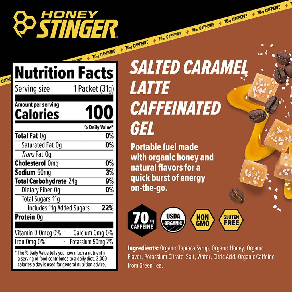 Honey Stinger salted caramel latte caffeinated gel label with nutrition facts and caffeine