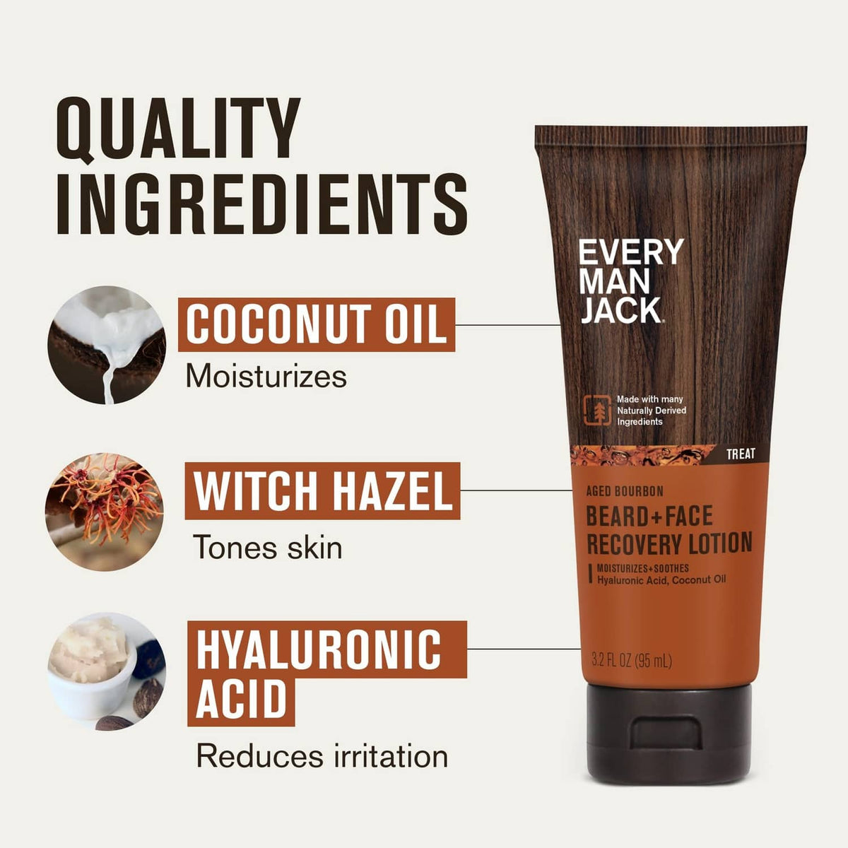 Beard-and-face recovery lotion tube with ingredient icons and labels