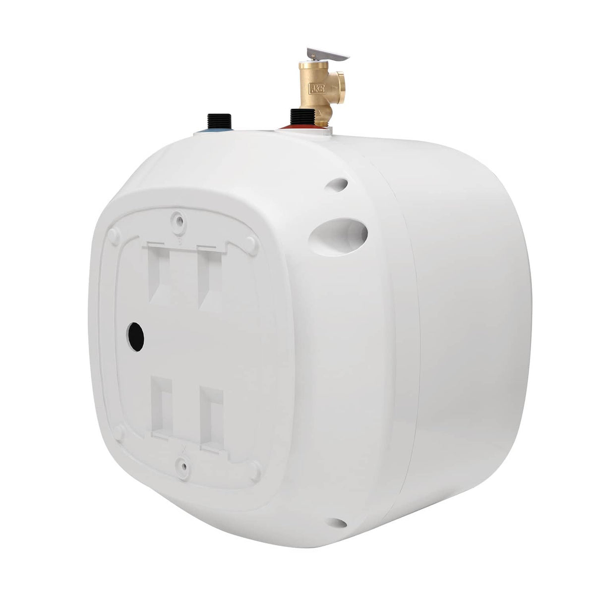 Rear view of compact electric mini tank water heater with mounting holes and top fittings