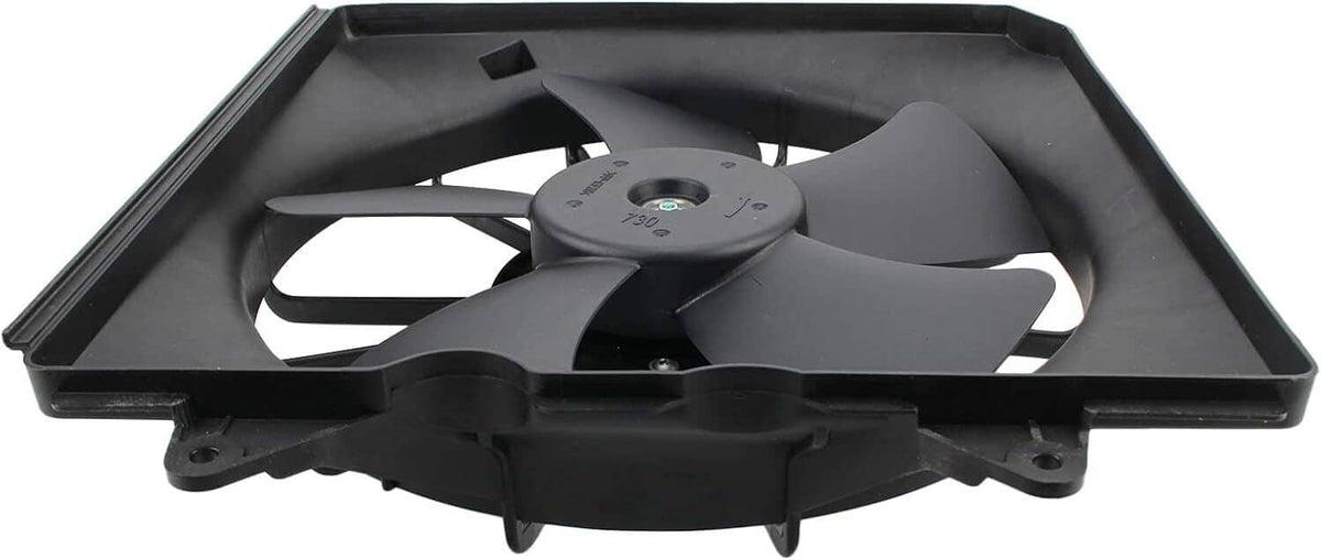 Black cooling fan in rectangular fan shroud with round motor plate