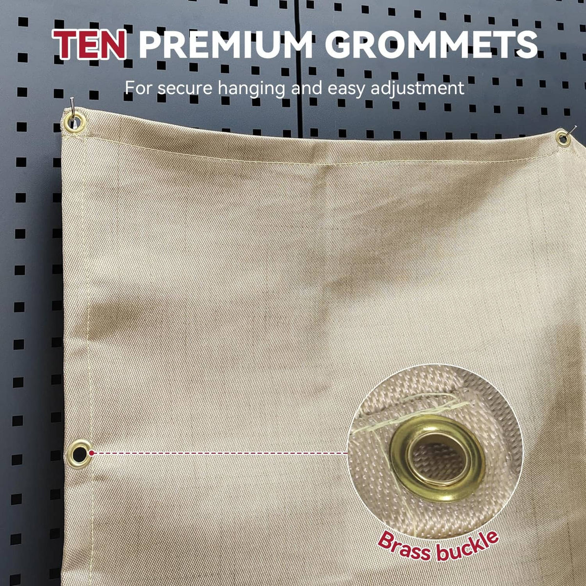 Beige welding blanket with brass grommets for secure hanging