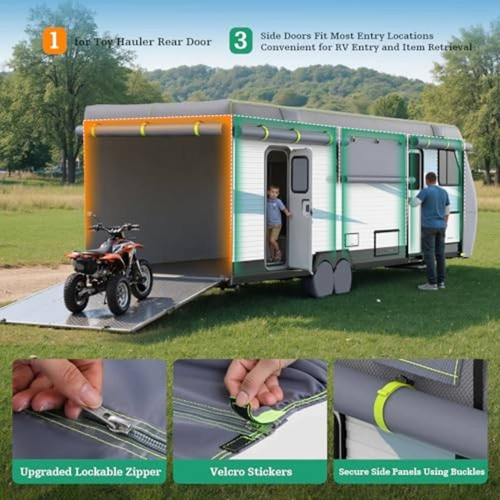 Gray RV trailer cover with green trim; rear and side door openings with zipper and buckle details.