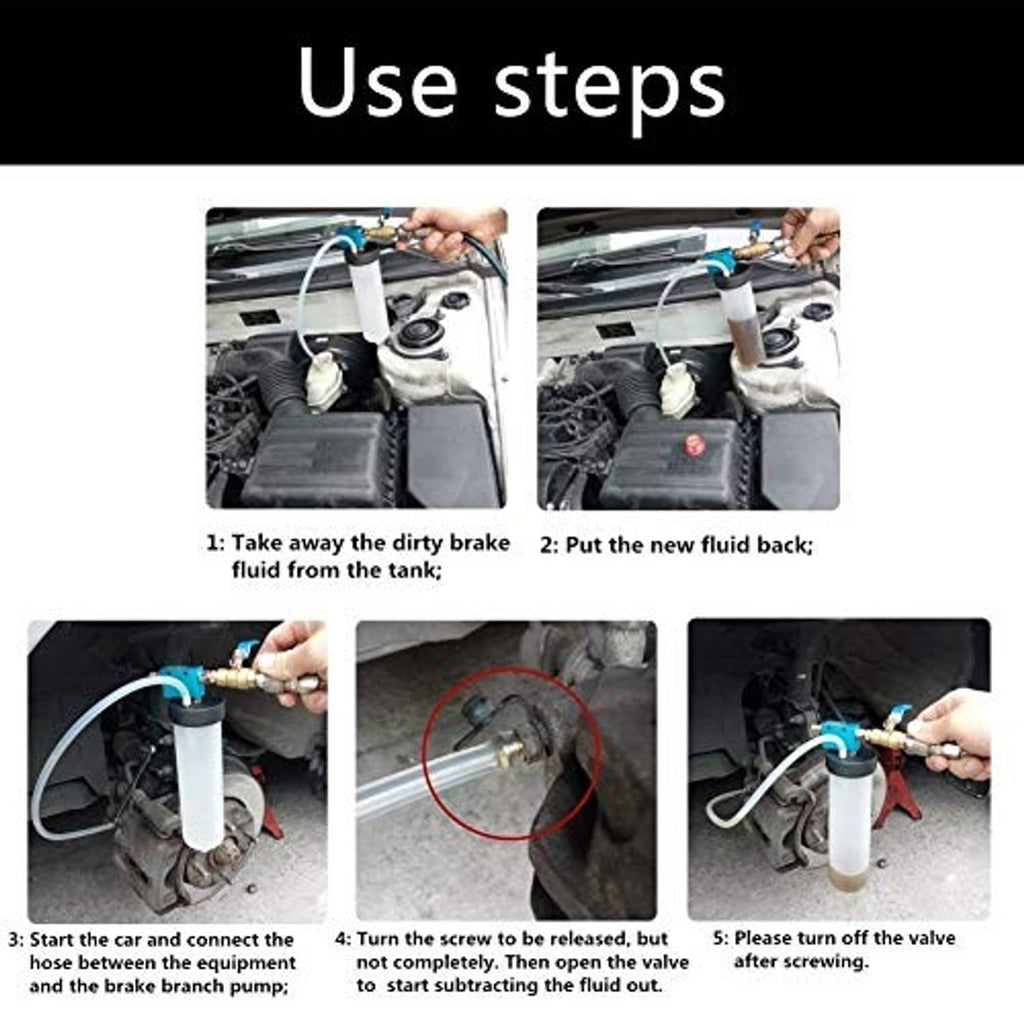 Brake fluid extractor kit shown with reservoir and hose during fluid extraction steps