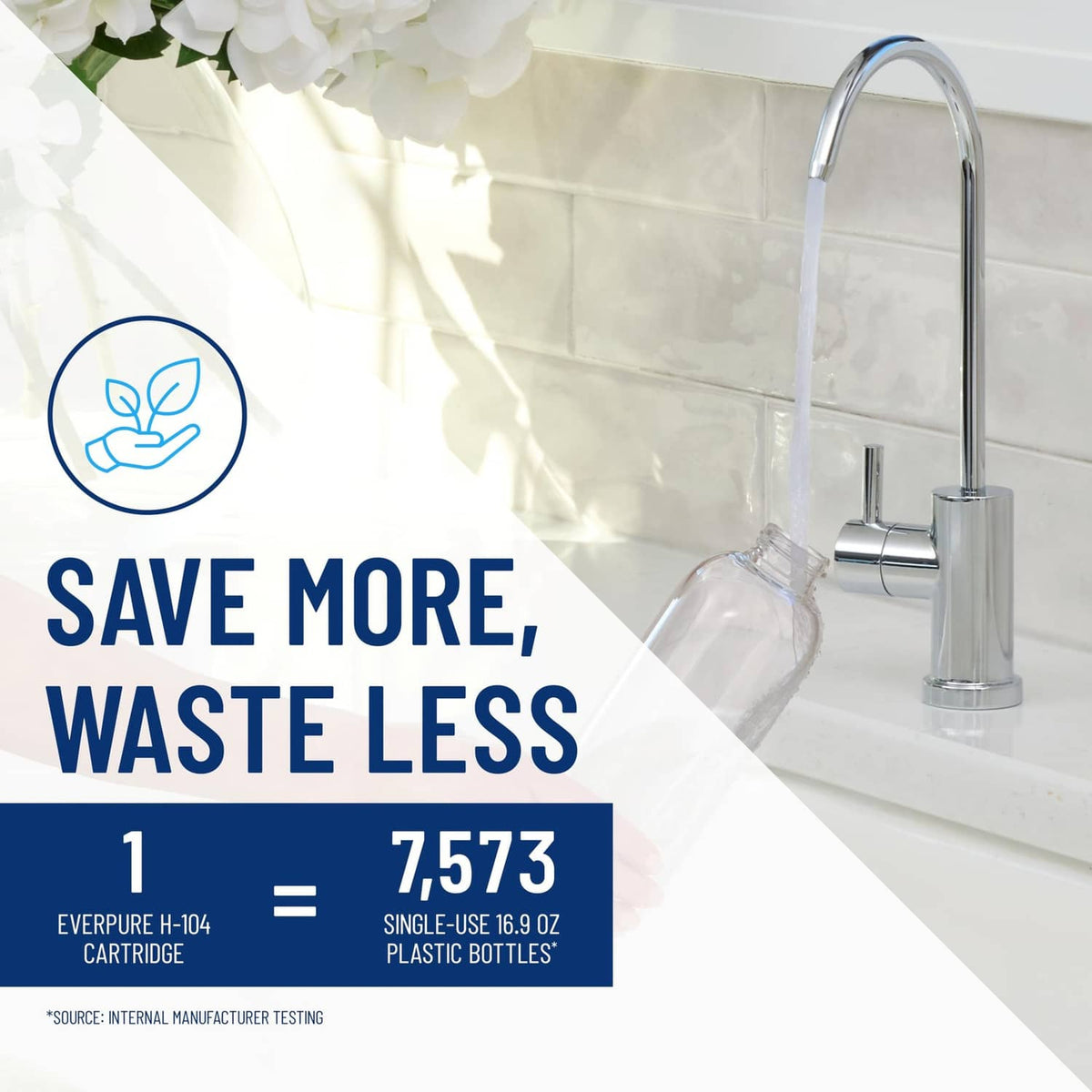 Everpure H-104 lead reduction promotional label with kitchen faucet and sink