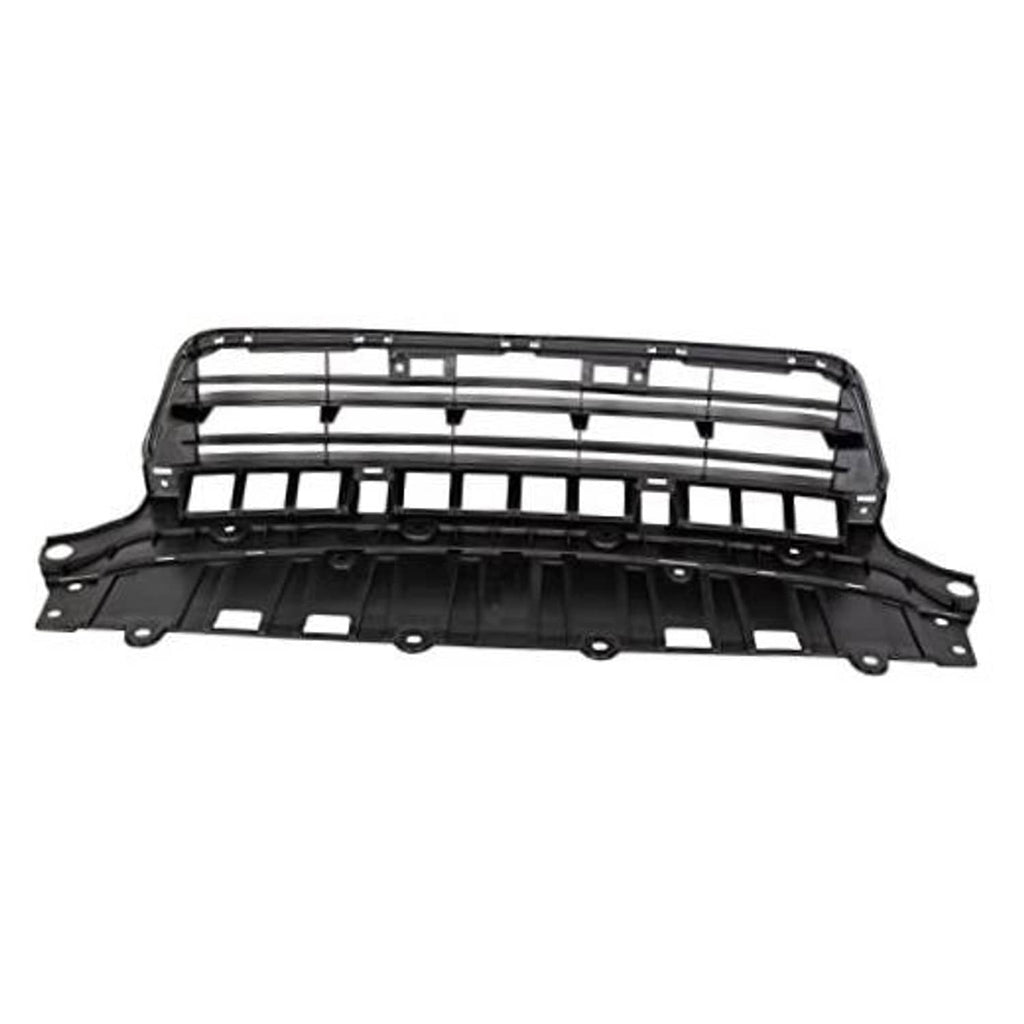 Front lower bumper grille, black plastic with horizontal and vertical bar design