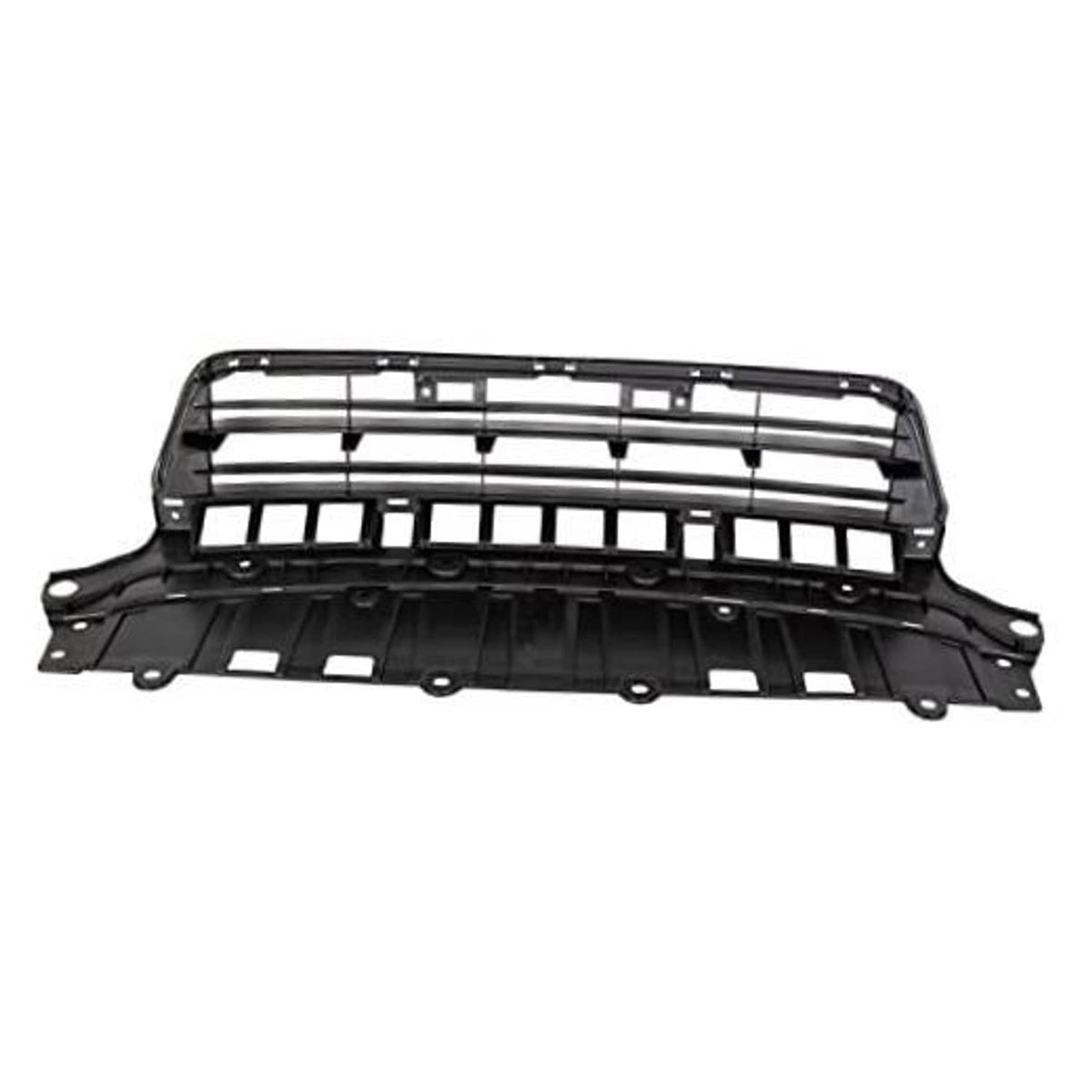 Front lower bumper grille, black plastic with horizontal and vertical bar design