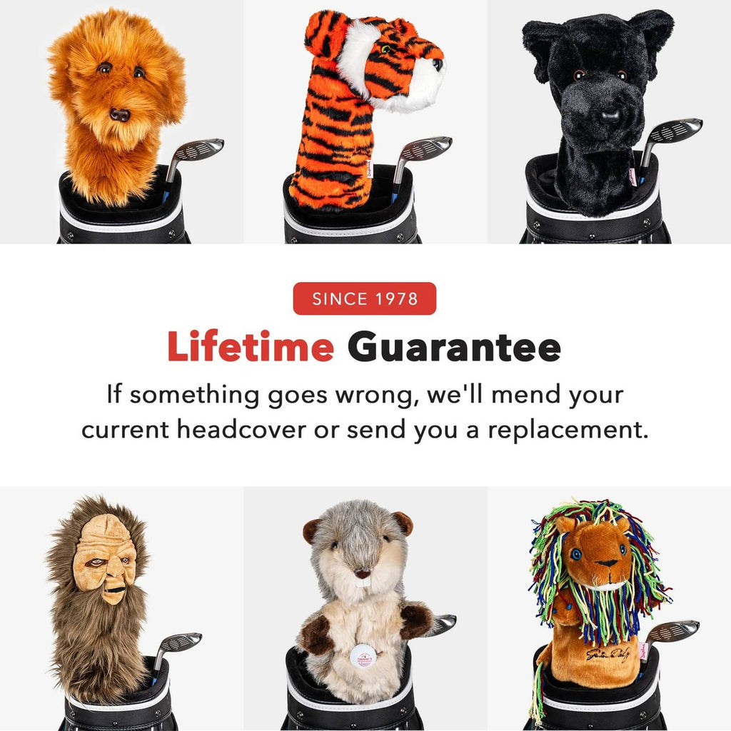 Assorted animal plush golf driver headcovers shown together, various fur colors
