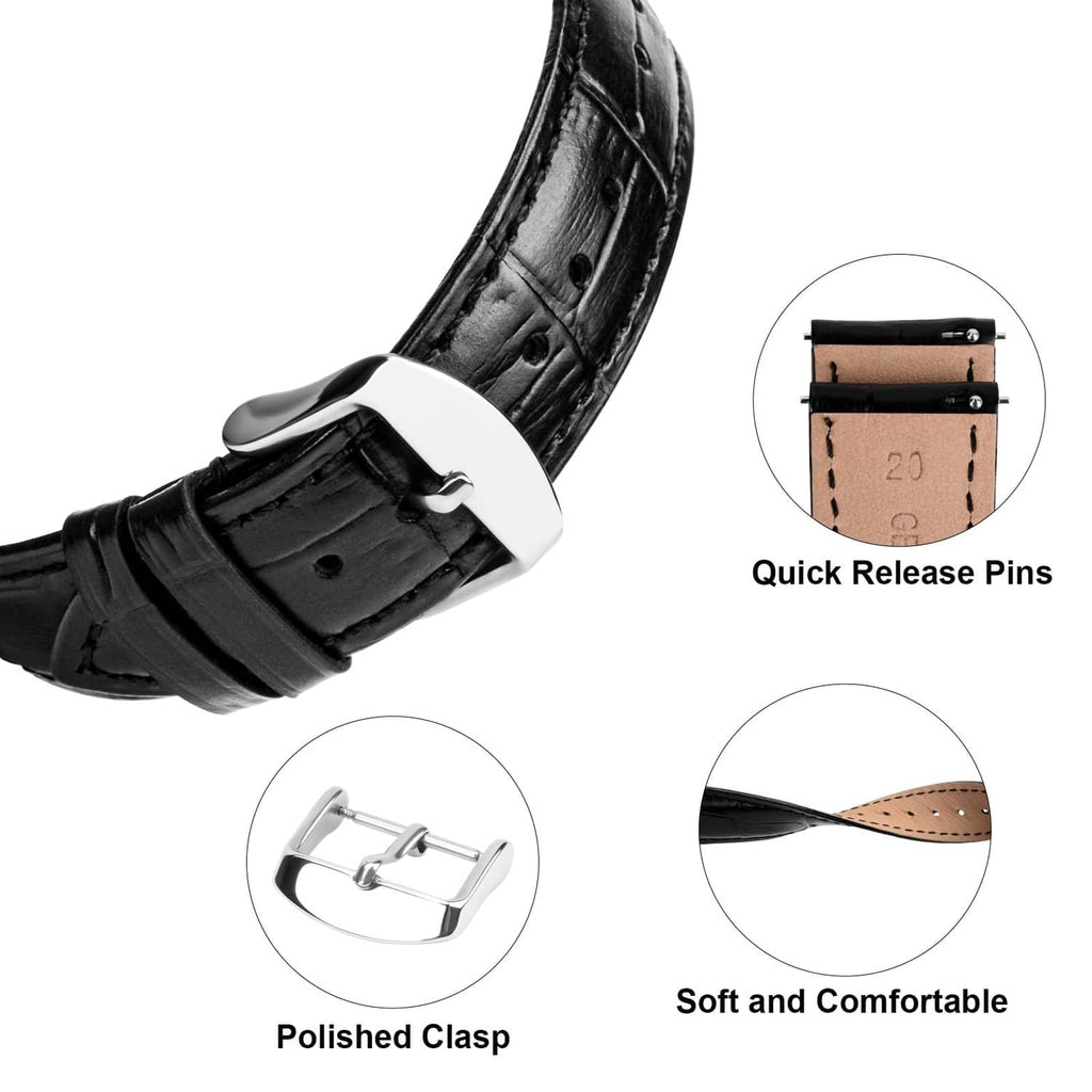 Black leather watch band with polished silver clasp and quick release pins