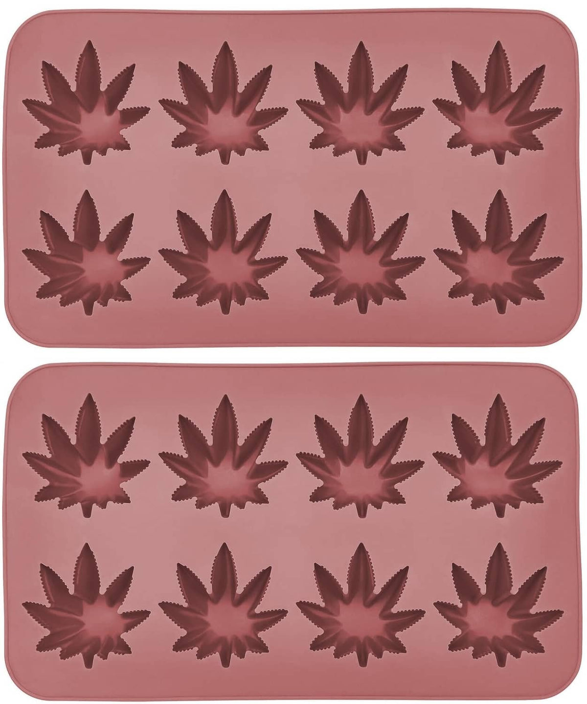 2-pack silicone candy molds with embossed maple leaf cavities, pink with dark brown tones