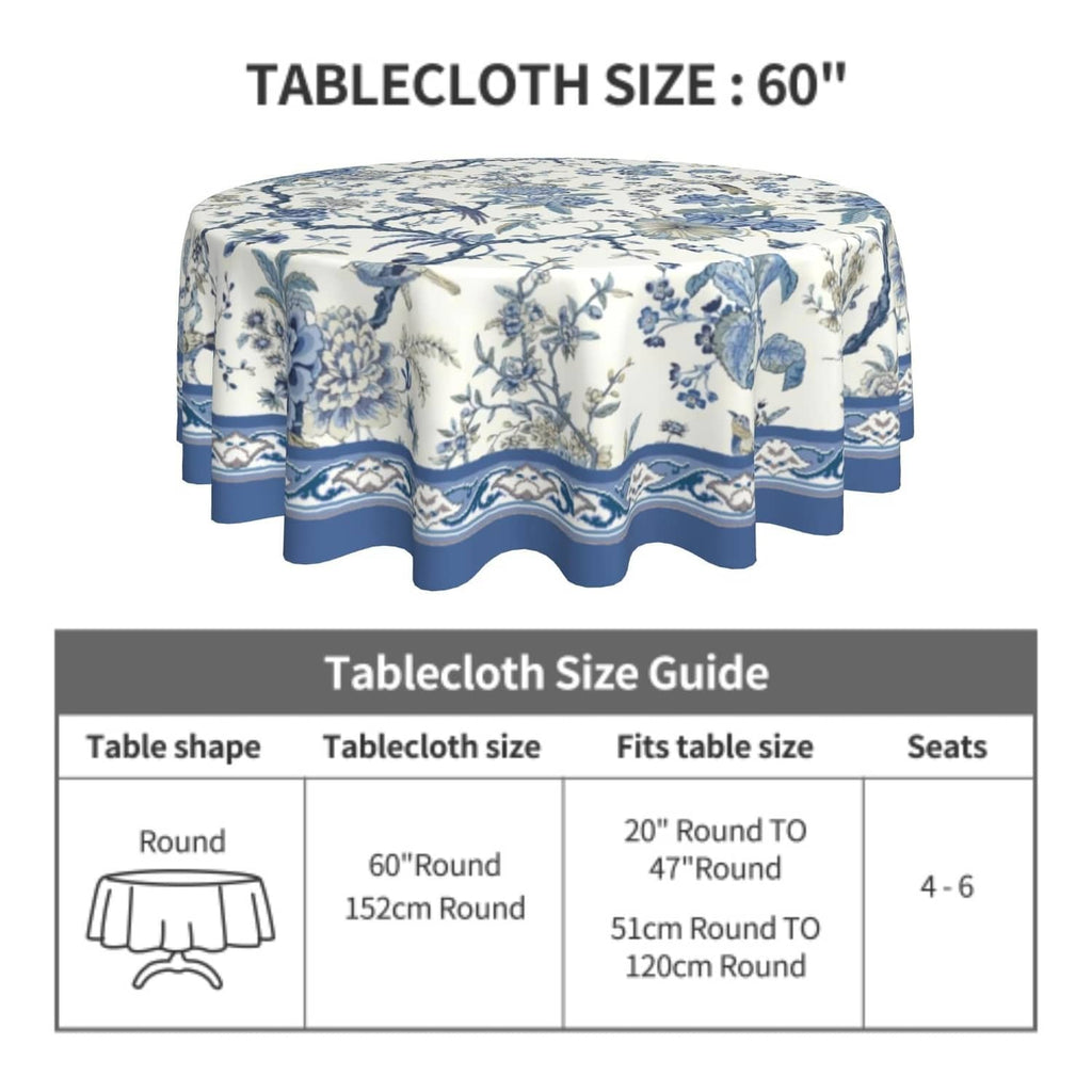 Round blue-and-white tablecloth with blue border and bird-and-flower motif