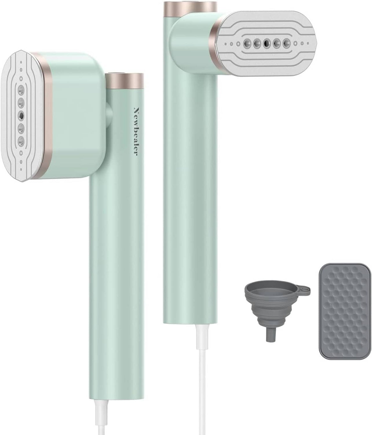 Mint handheld garment steamer with steam outlet head, water cup and brush pad