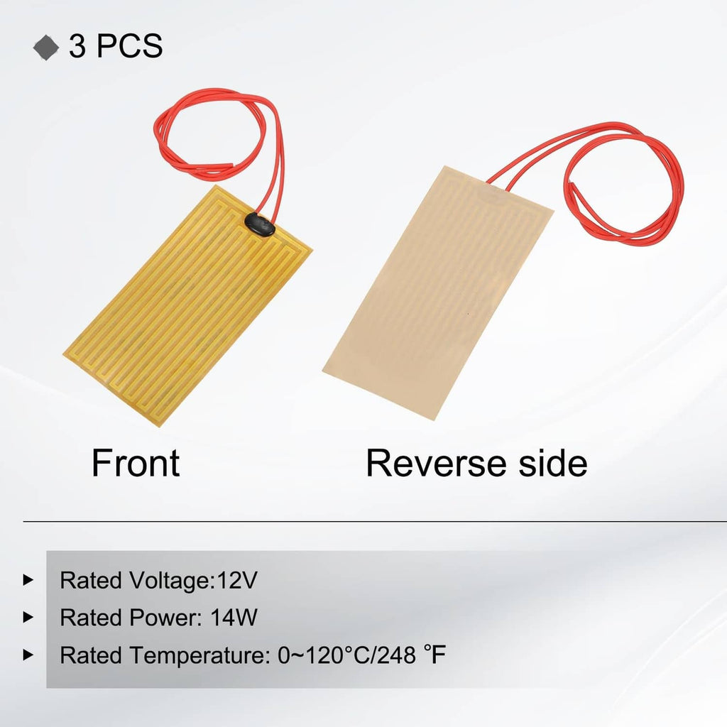 Three heater film plates with red leads, front and reverse side views