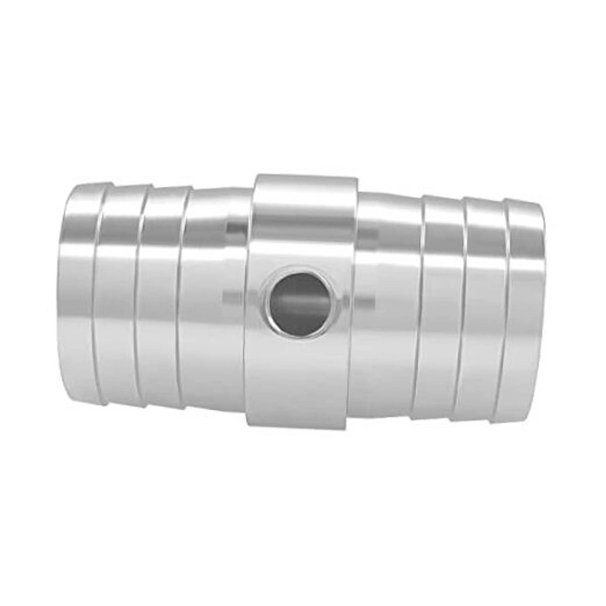 Metal hose barb coupler with central clamp and round port opening