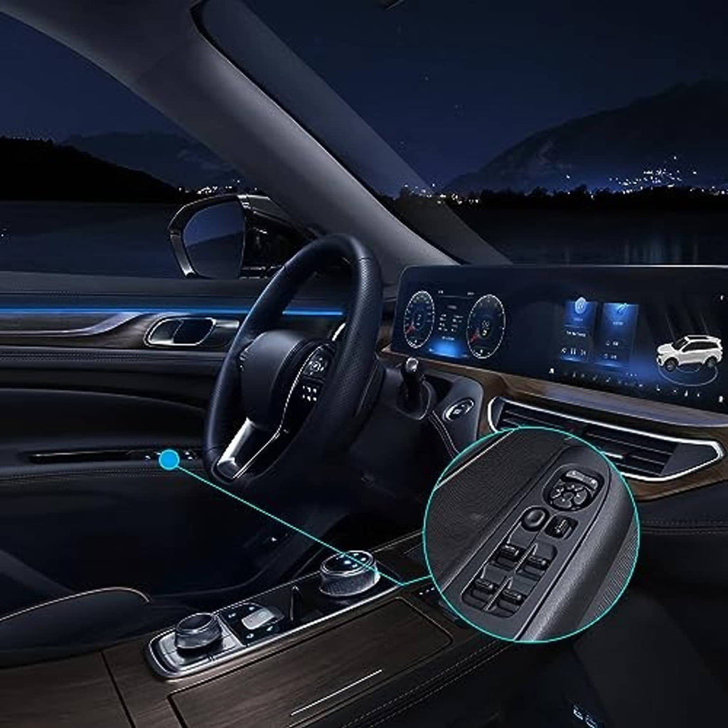 Power window switch installed in car door panel, black controls with illuminated icons