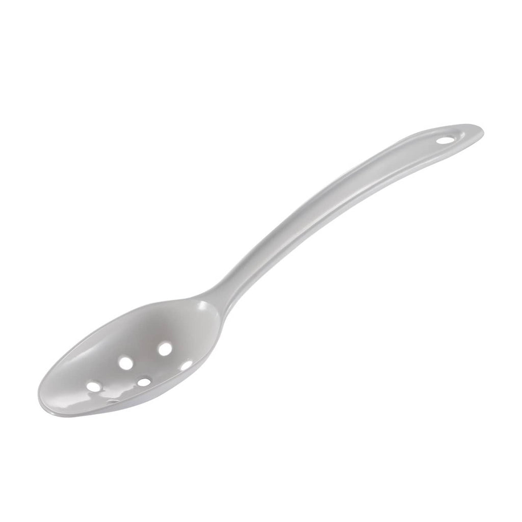 White plastic ladle spoon with perforated bowl and oval hole on handle