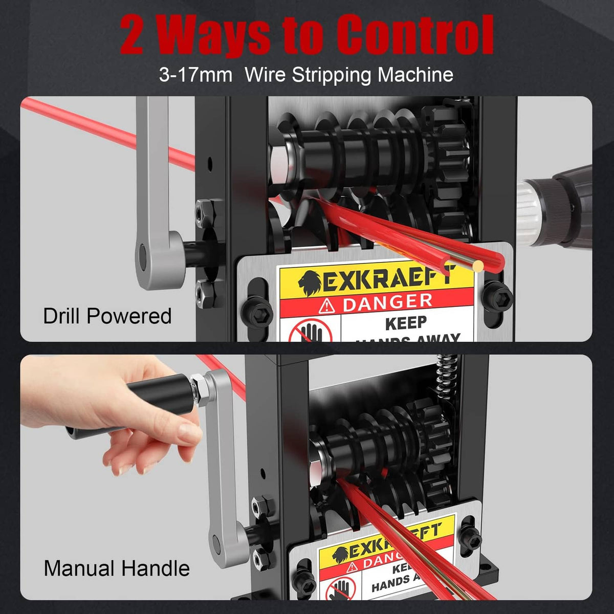 Black wire stripper machine showing drill-powered mode and manual handle control