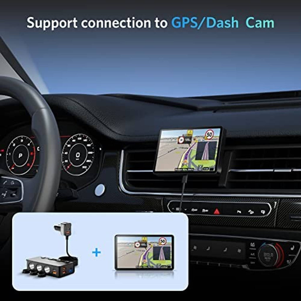 Black car charging splitter connected to dash device, showing multiple USB and lighter outlets.