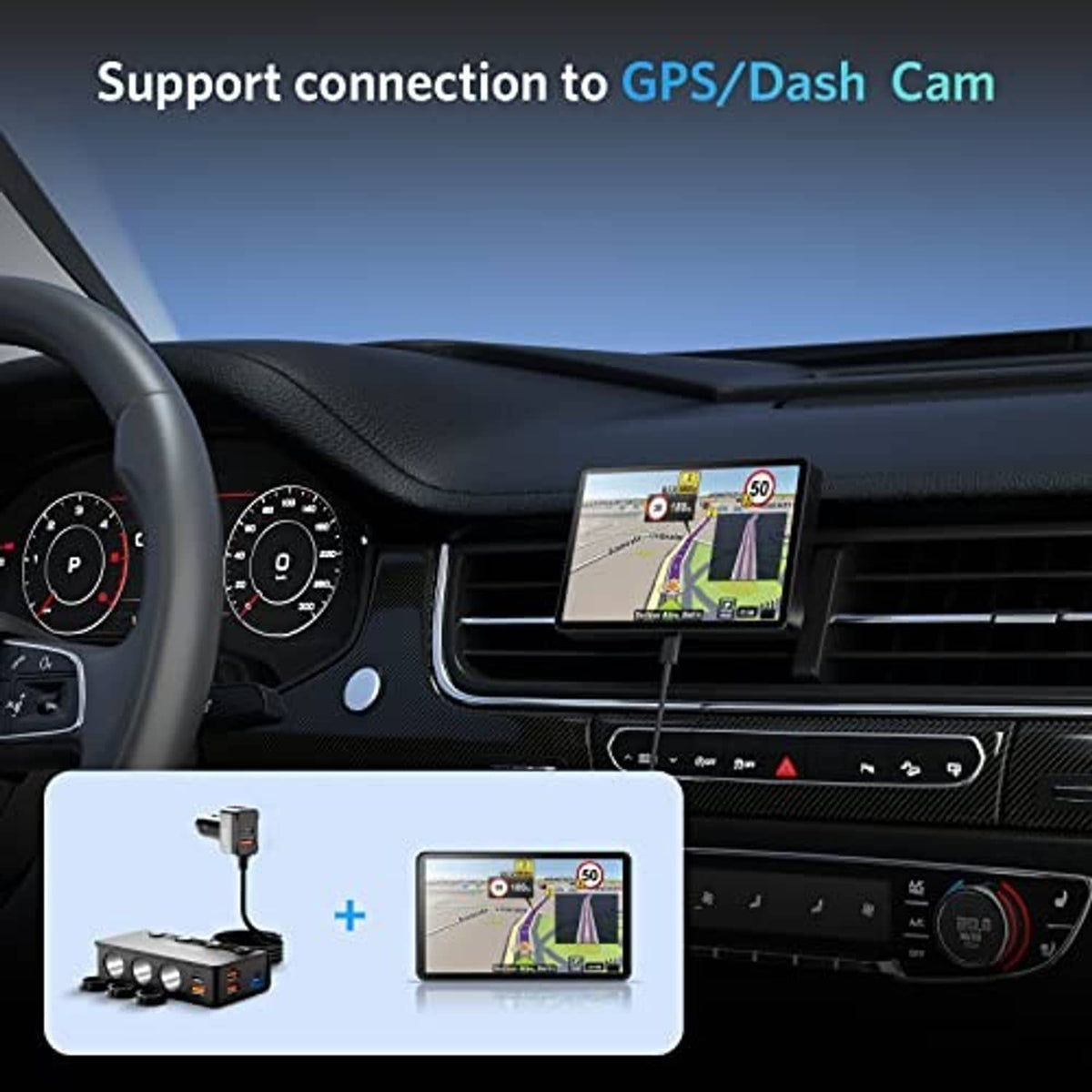 Black car charging splitter connected to dash device, showing multiple USB and lighter outlets.