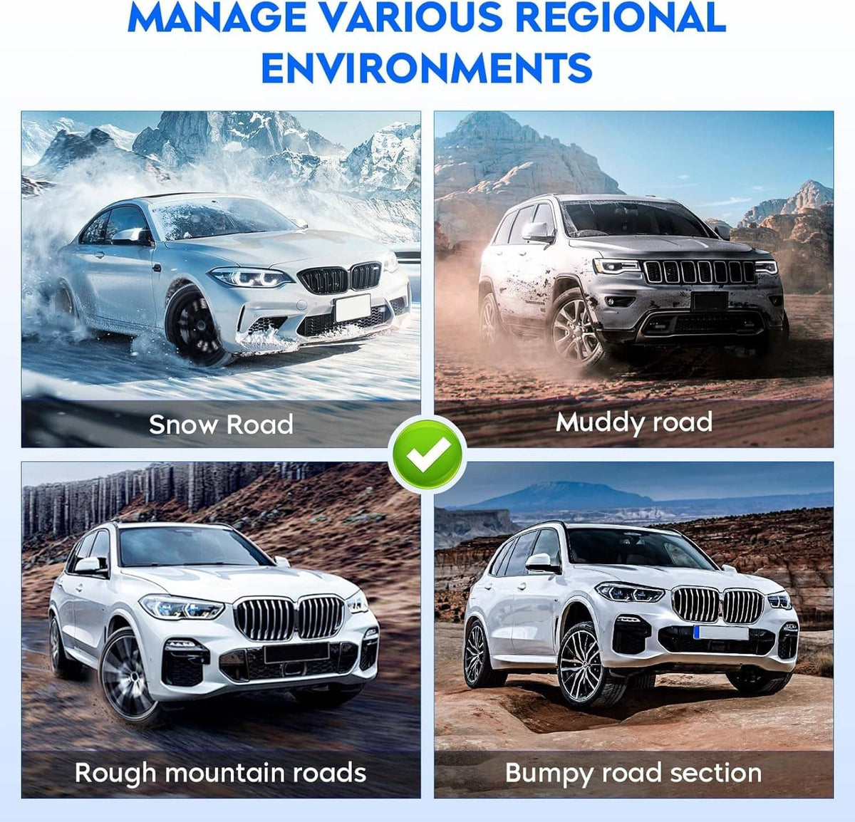 Vehicle set in four driving conditions: snow, muddy road, rough roads, and bump section