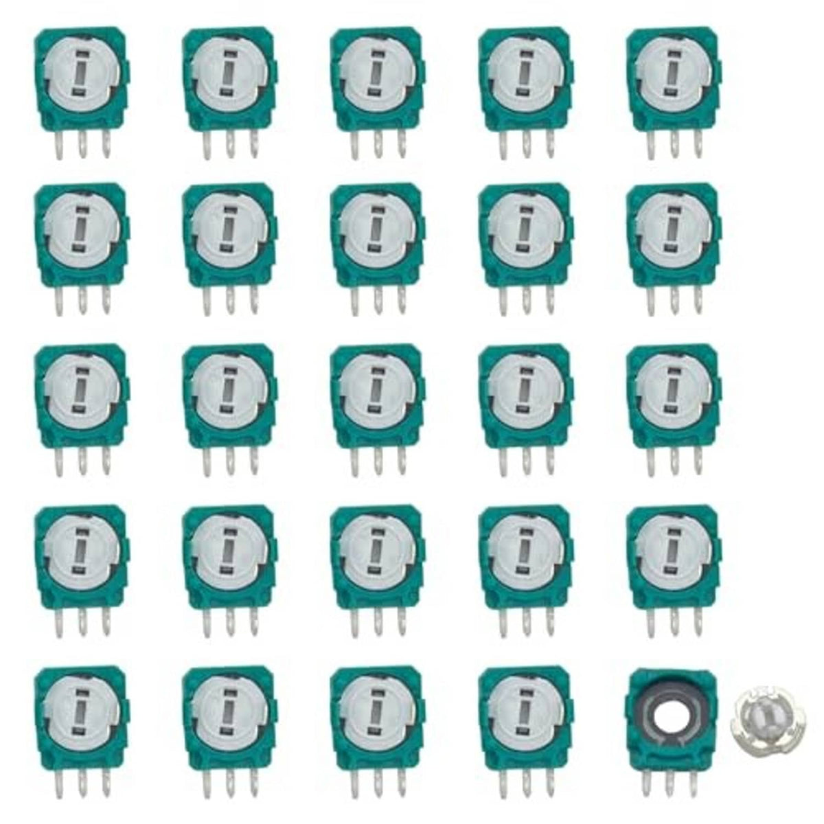 Teal potentiometer components with white centers and three-pin connectors, in a pack