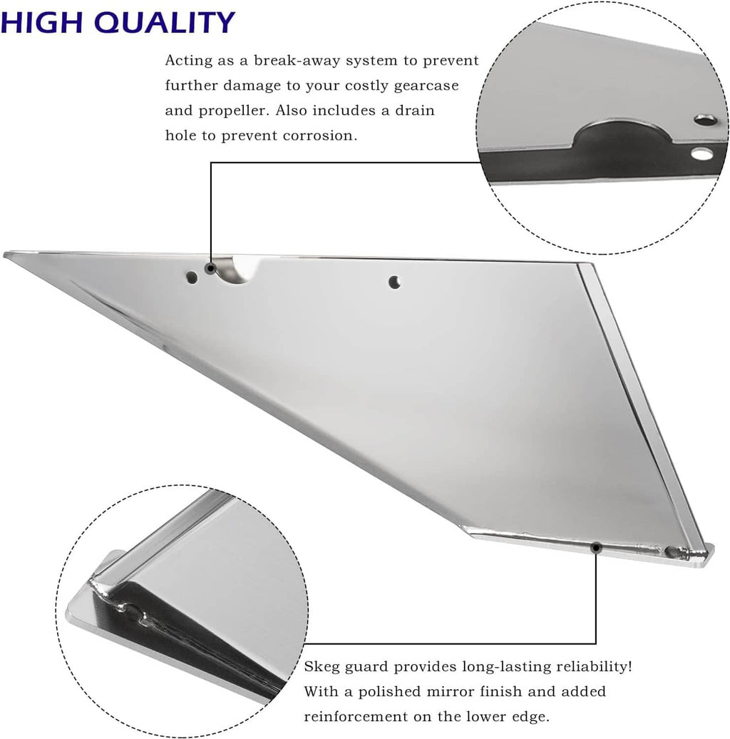 Silver inboard skeg guard with mounting holes and reinforced edge detail