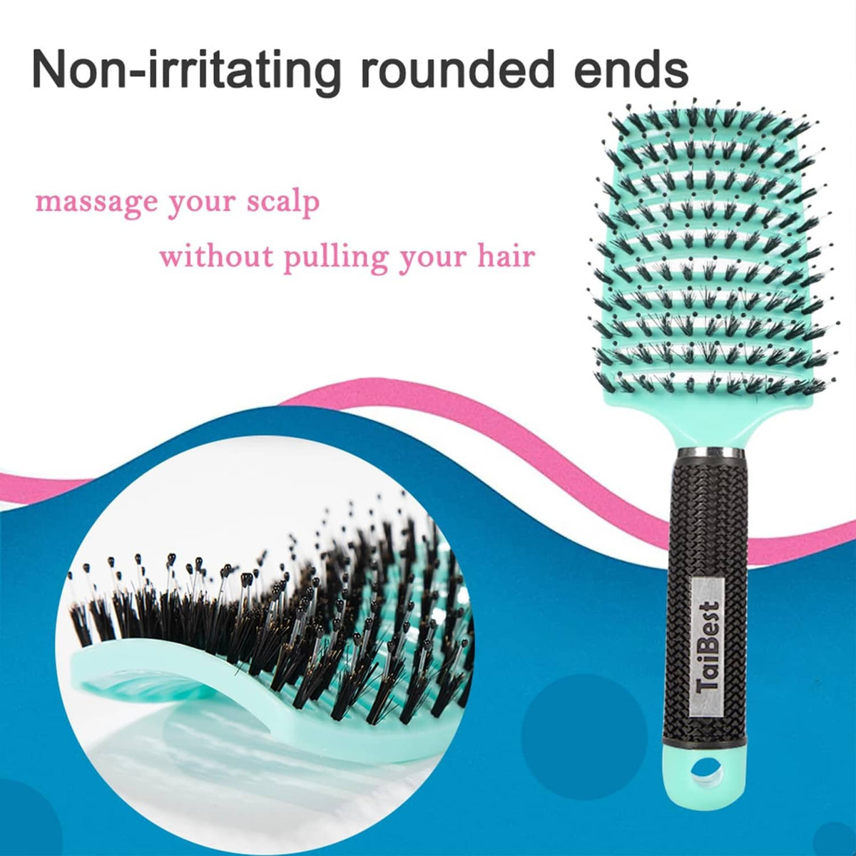 Teal paddle hair brush with black bristles and rounded ends, ergonomic grip handle