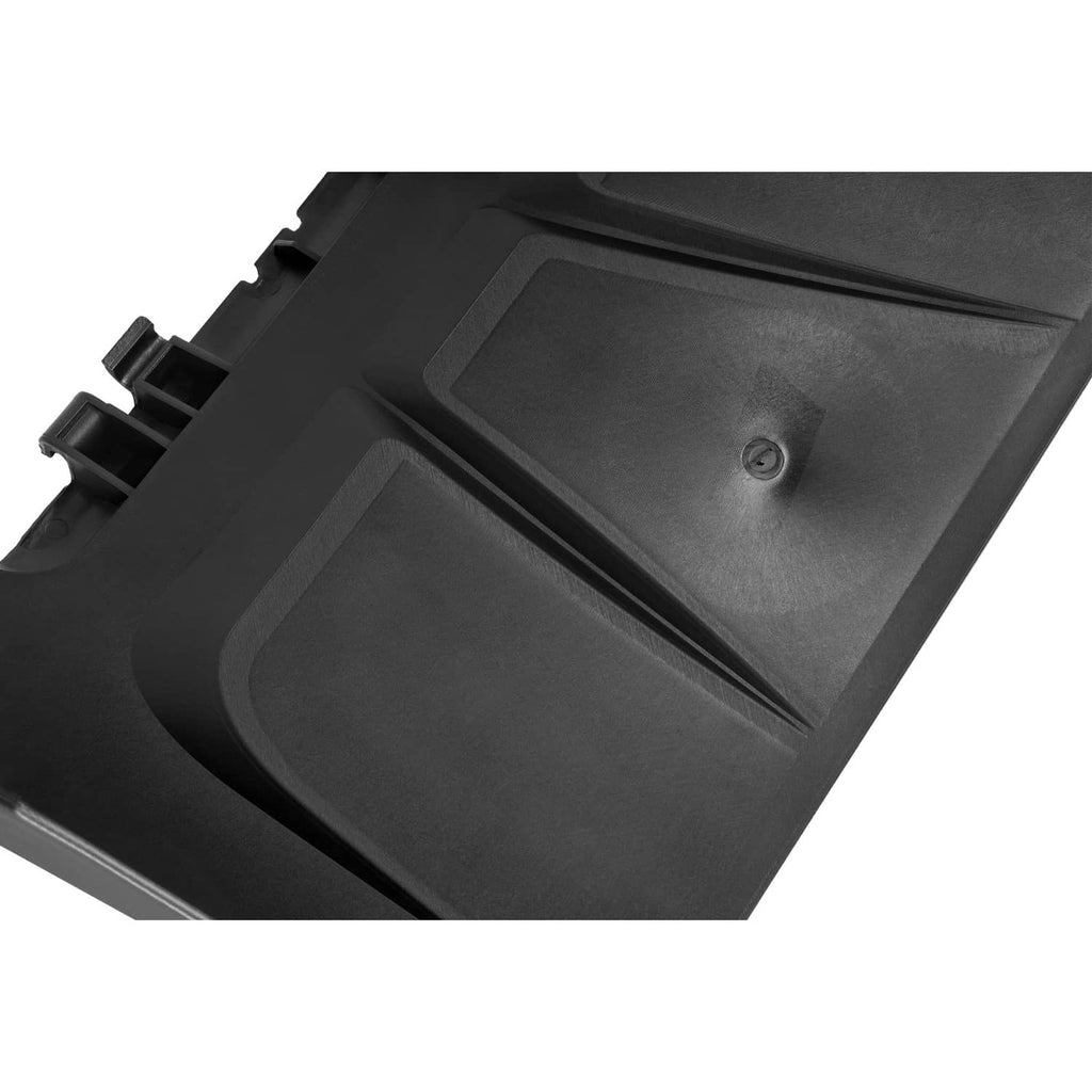 Black discharge chute interior with recessed pattern and central fastener area