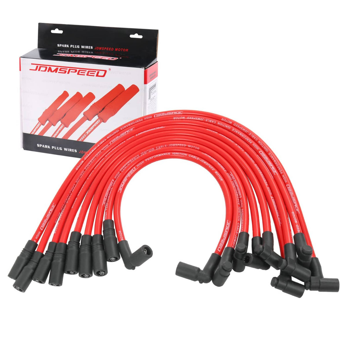Spark plug wire set with red silicone wires and black ignition boots