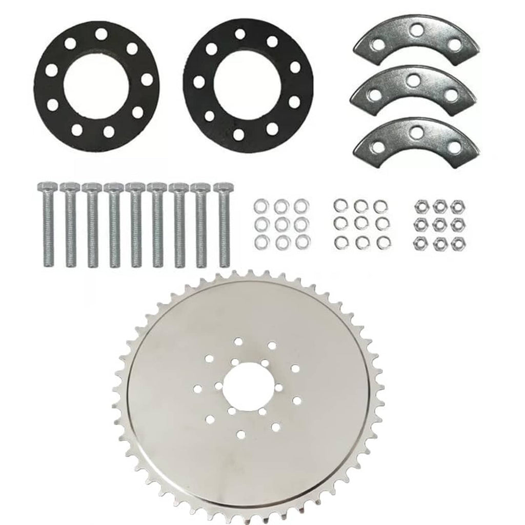 Engine drive sprocket set with steel sprocket, black sprocket rings, clamp pieces, bolts and nuts