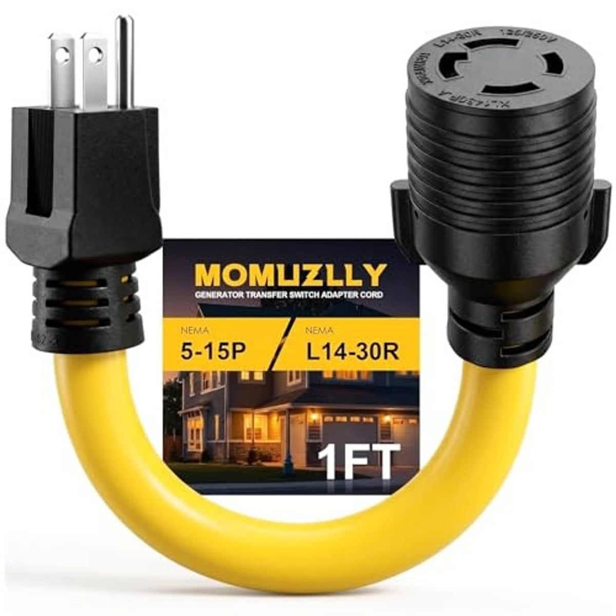 Yellow power adapter cord with black NEMA 5-15P male and L14-30R female ends