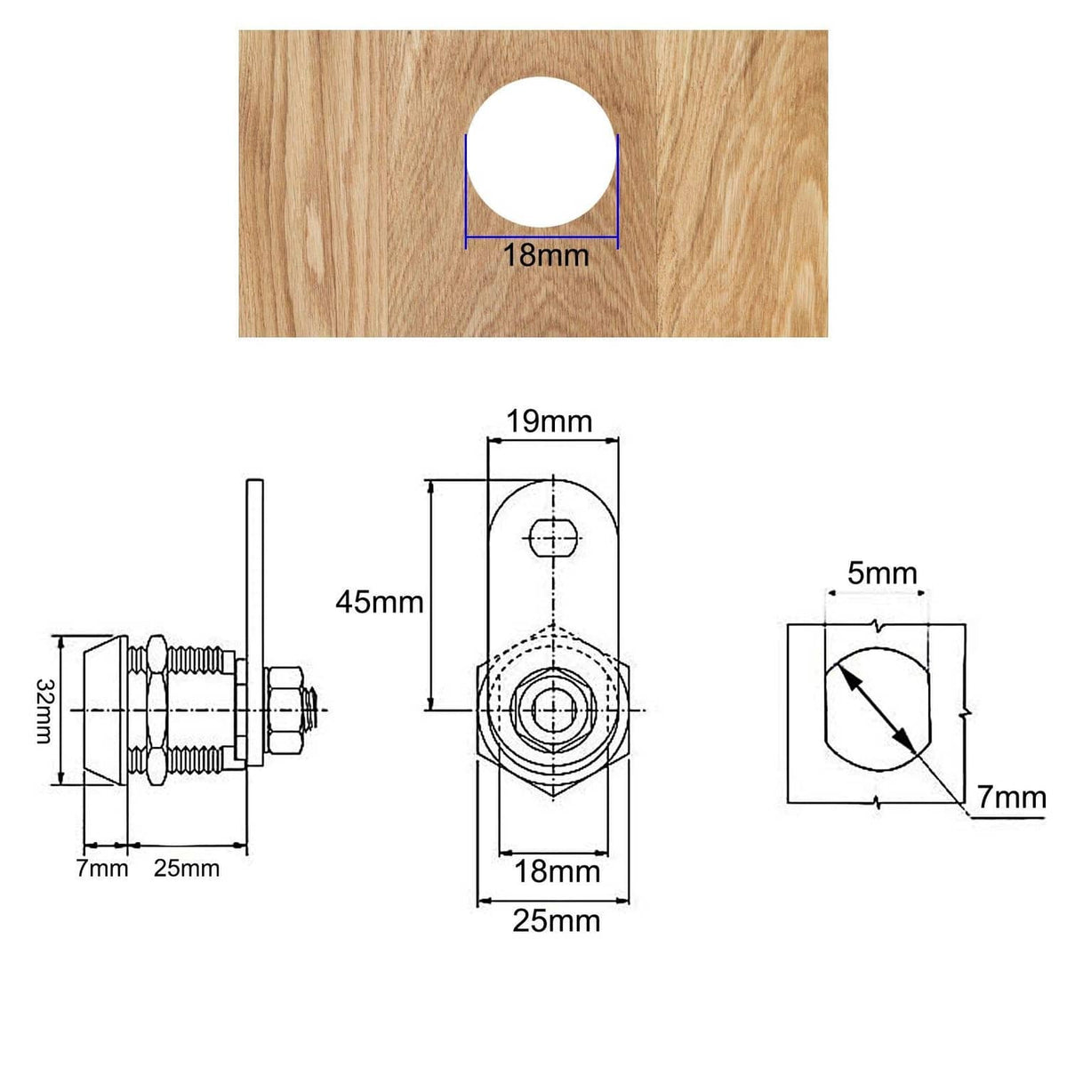 Cam lock dimensions diagram with cutout and mounting measurements for keyed-alike lock