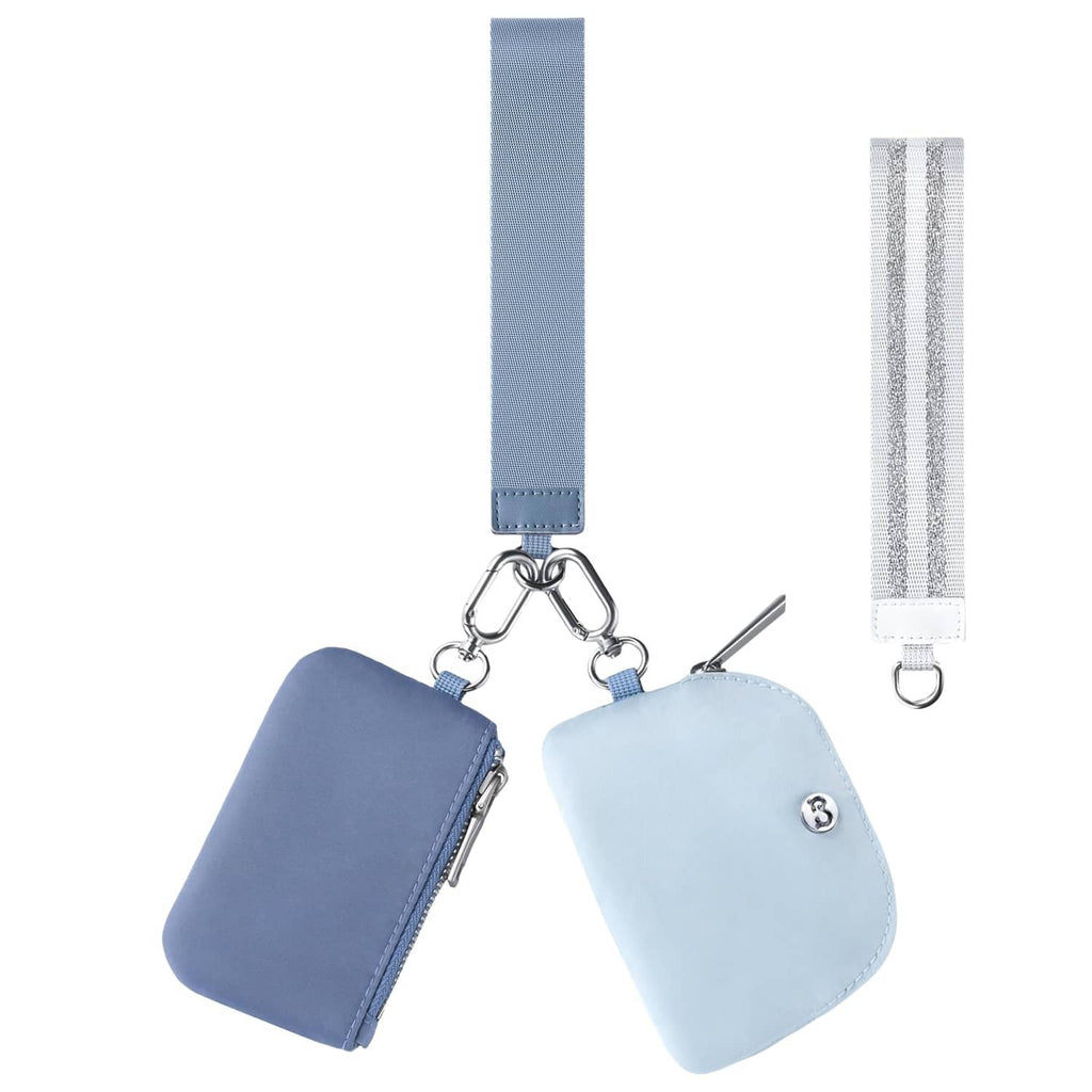 Mini dual pouch wristlet with two blue zip pouches and metal keyring straps