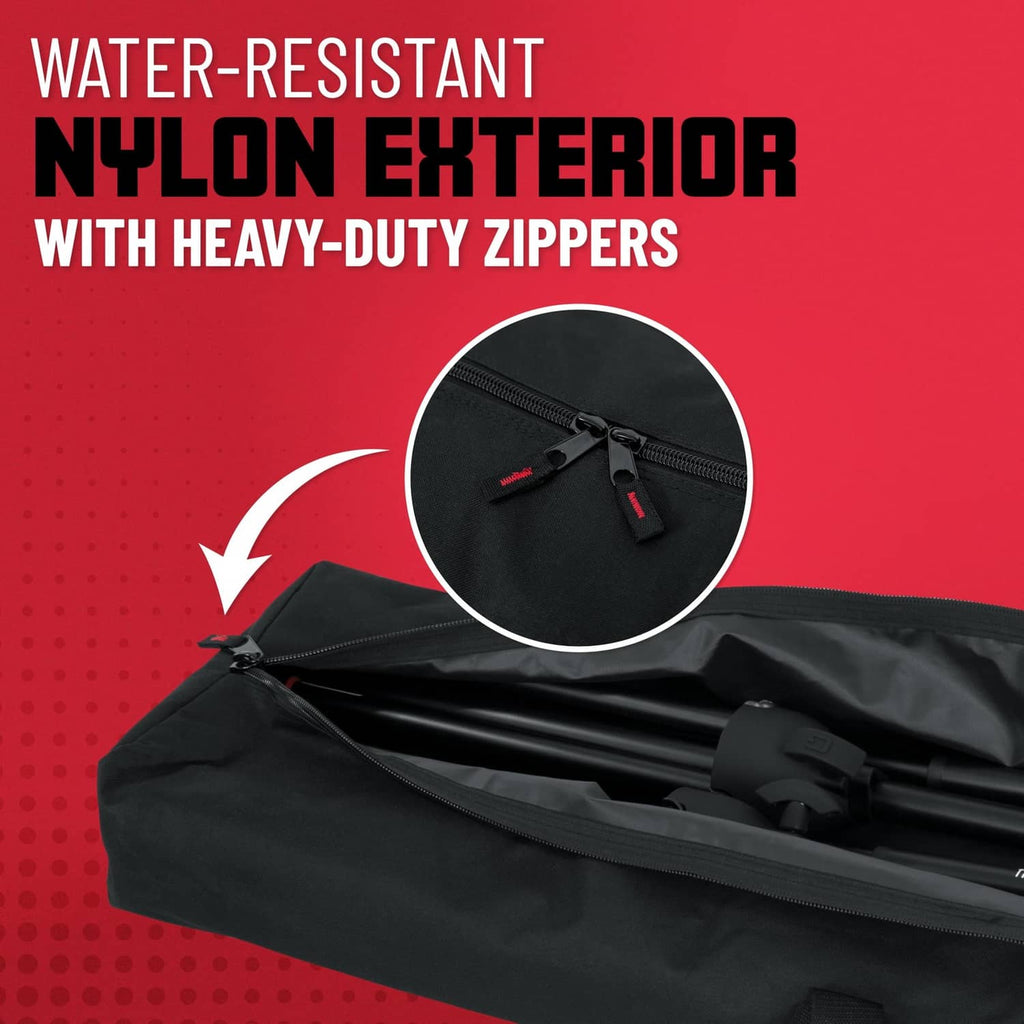 Black water-resistant exterior with heavy-duty zipper along the side
