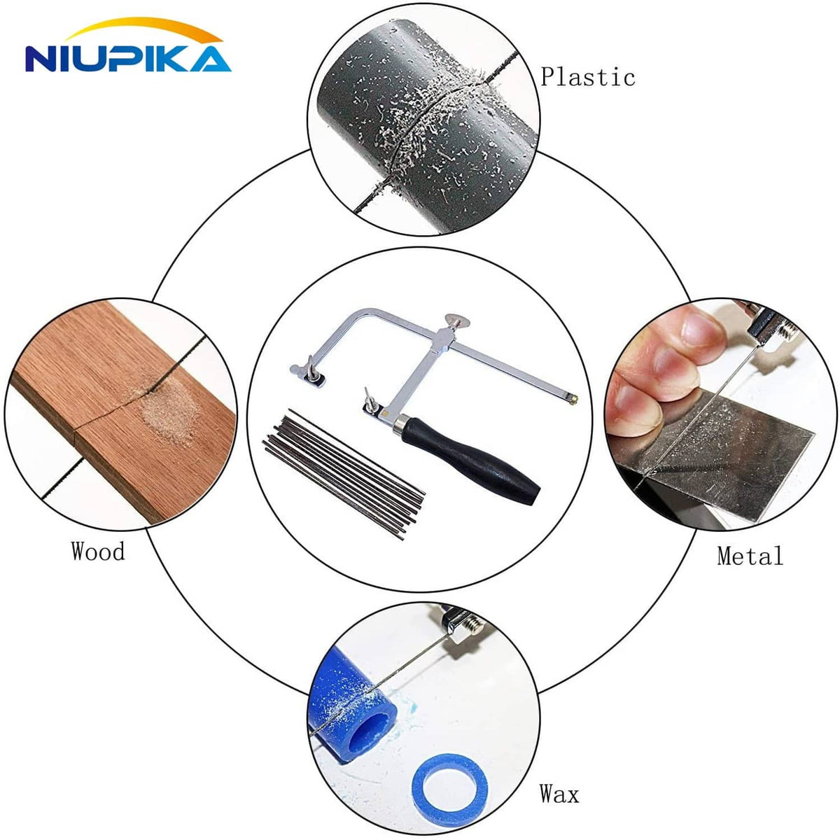 Jeweler's saw kit with frame and thin blades for wood, metal, and wax