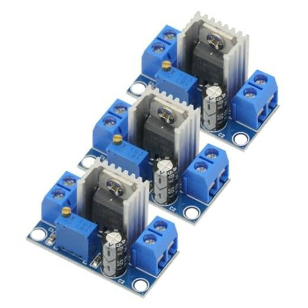 LM317 adjustable voltage regulator power module board, blue PCB with screw terminals
