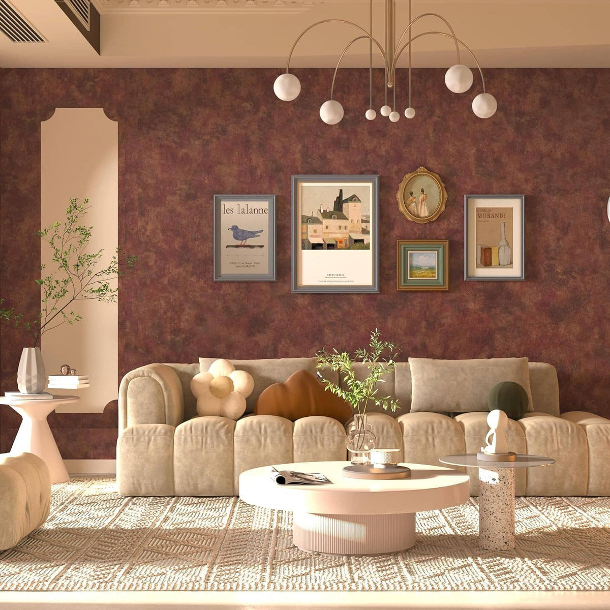 Burgundy metallic copper-gold peel-and-stick contact wallpaper with textured finish