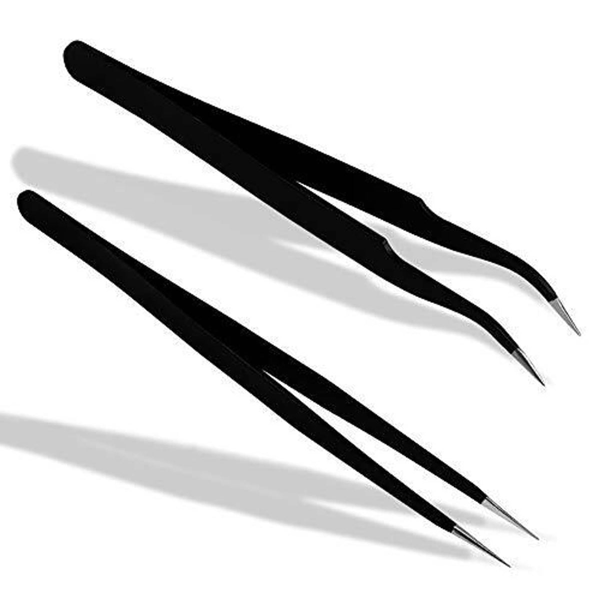 Set of black-handled needle tweezers with pointed stainless tips