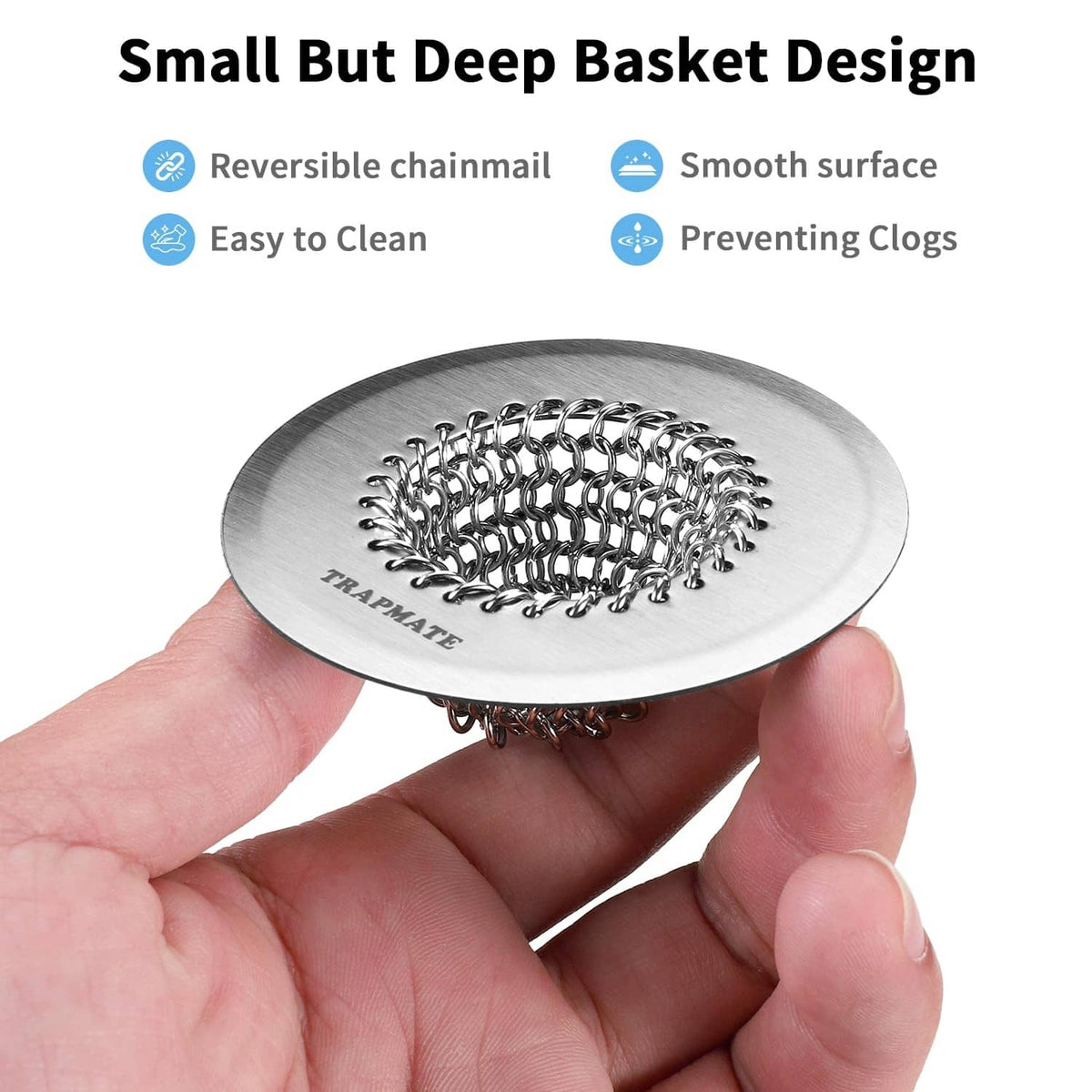 Stainless steel chainmail drain strainer basket, small but deep, reversible hair catcher