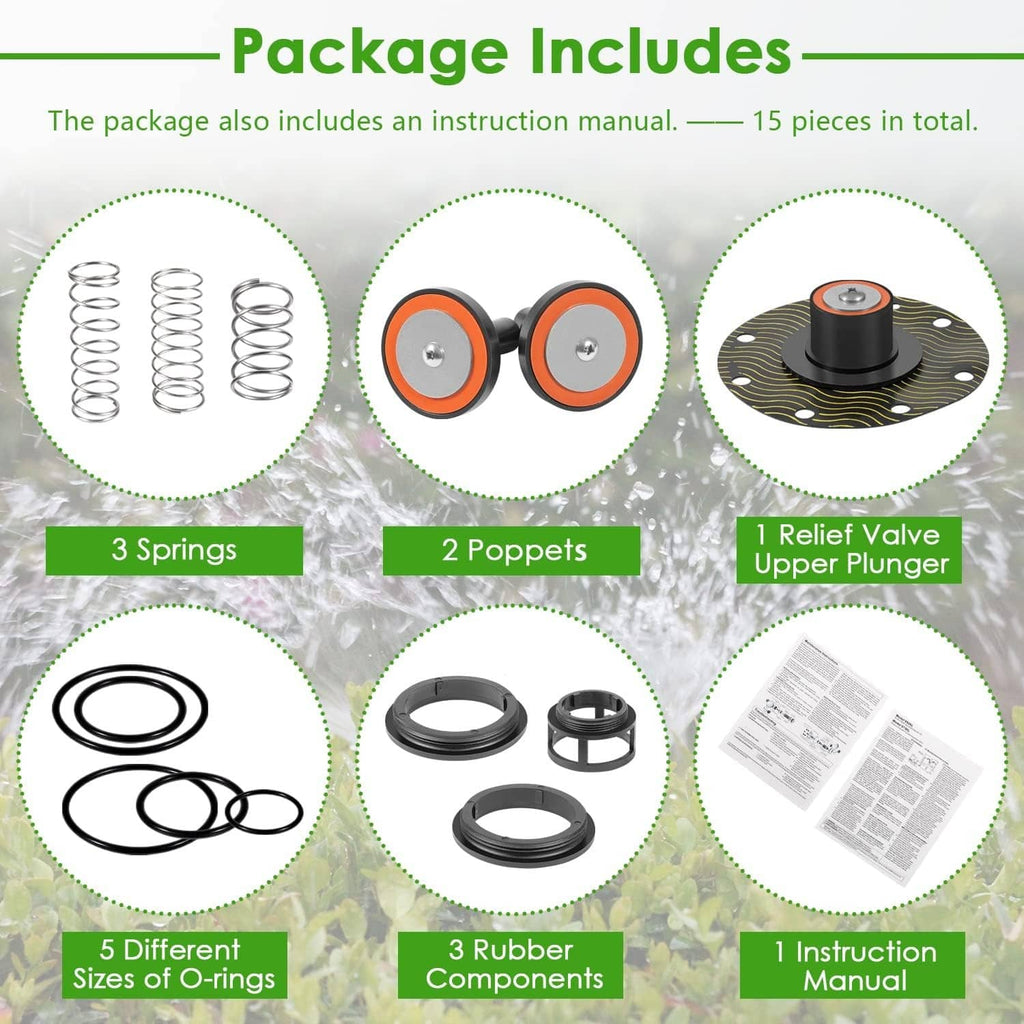 Repair kit package contents: 3 springs, 2 poppets, relief valve plunger, O-rings, manual