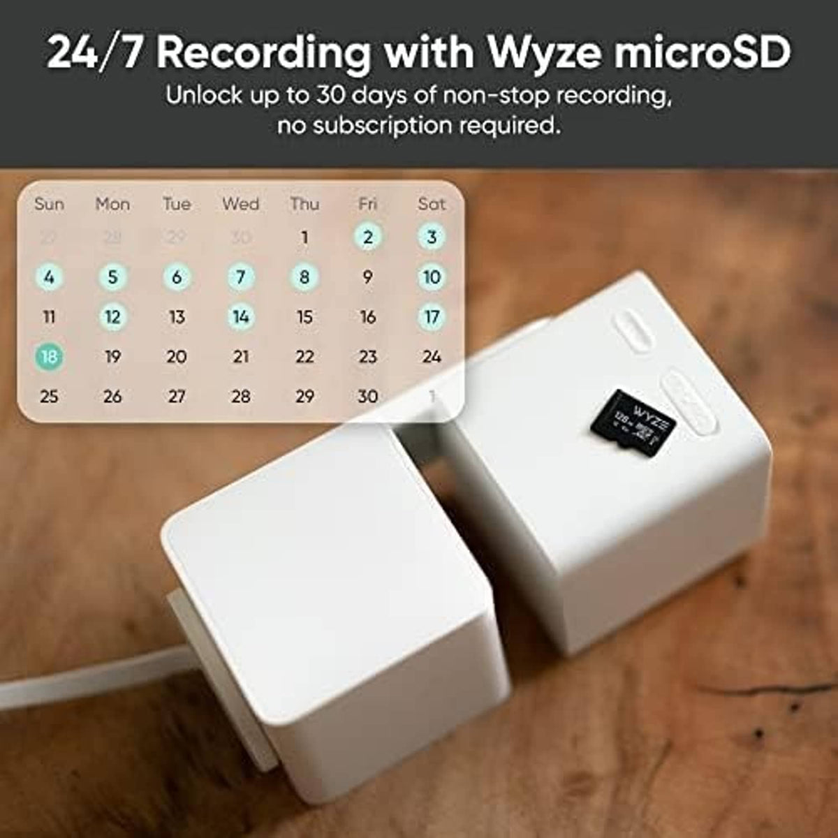 Wyze Cam Pan V3 white security camera with microSD card on wooden surface