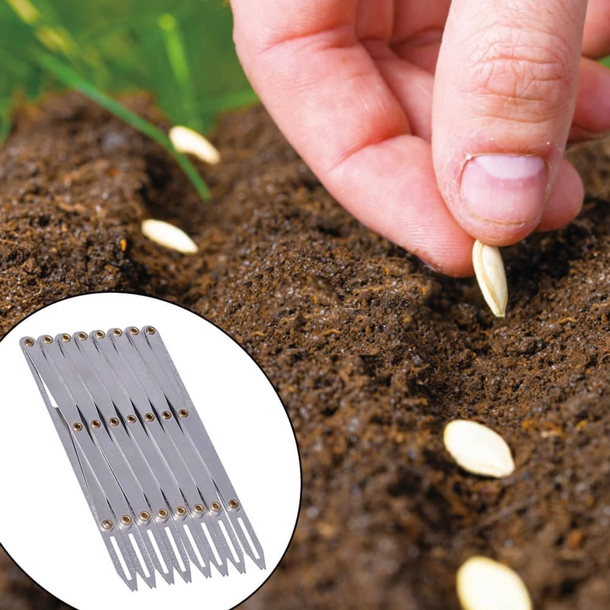 Aluminum sewing gauge with evenly spaced teeth, brass fasteners, shown in close-up