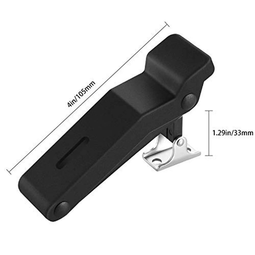 Black rubber latch bracket with metal mounting clip and circular hole, close-up