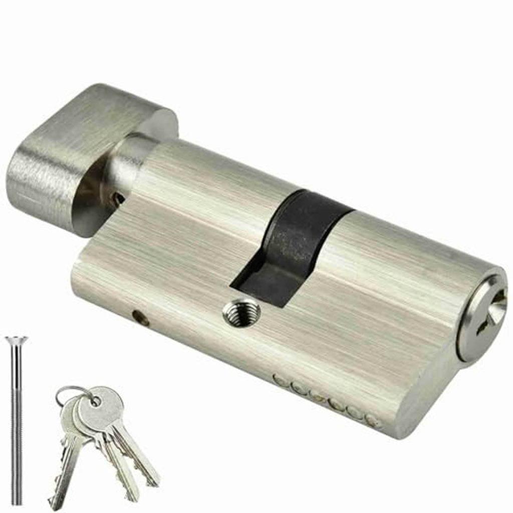 Cylinder lock with keys included; brushed metal body and black locking collar
