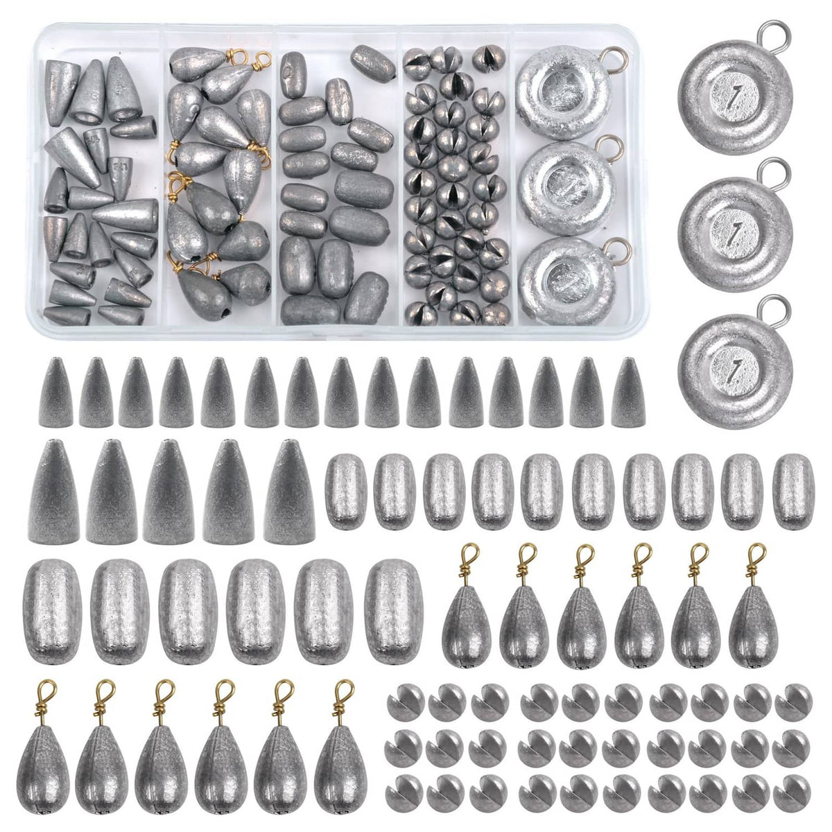 Fishing sinker kit with assorted grey bullet, egg, and round weights in a plastic organizer