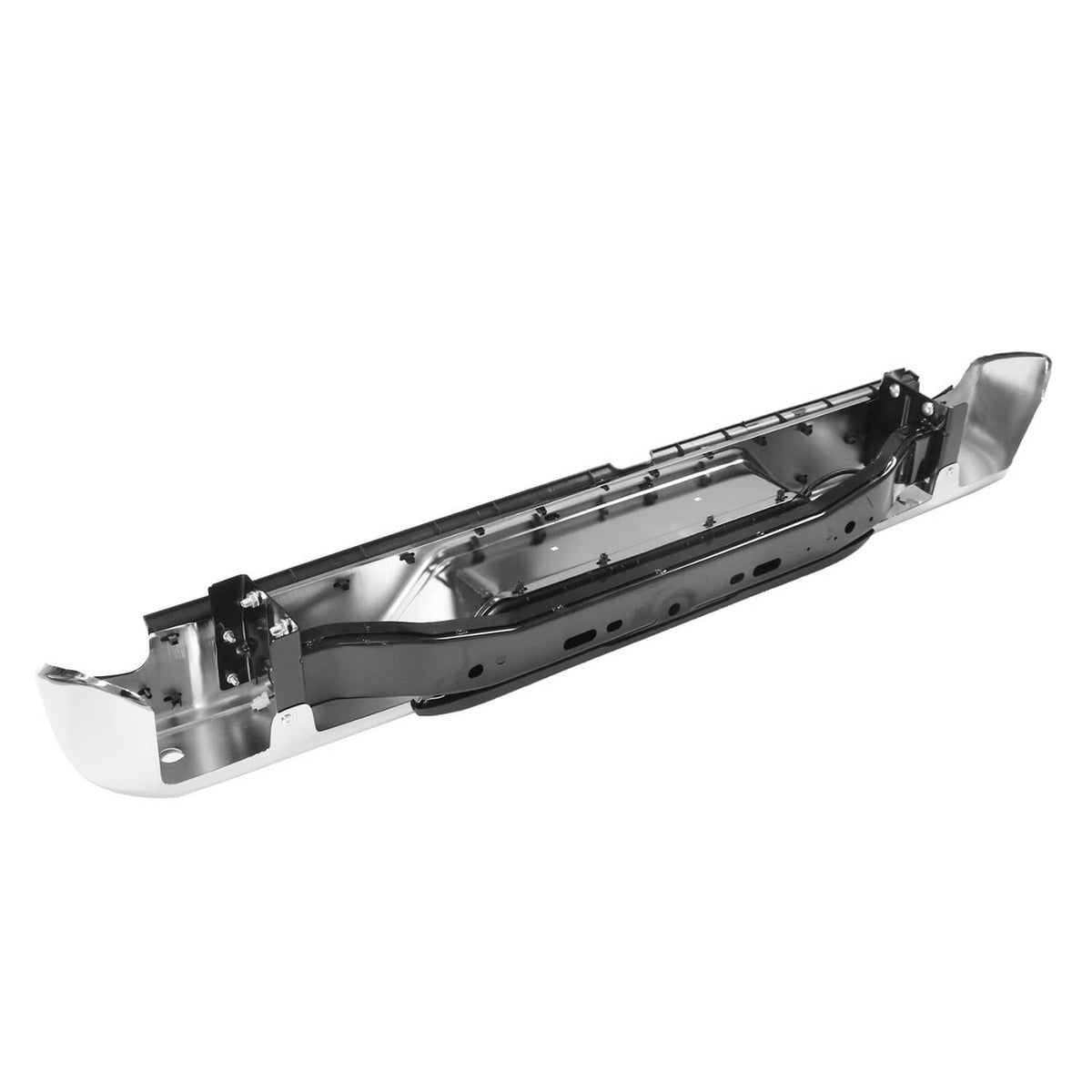Bare metal rear step bumper support beam with mounting brackets