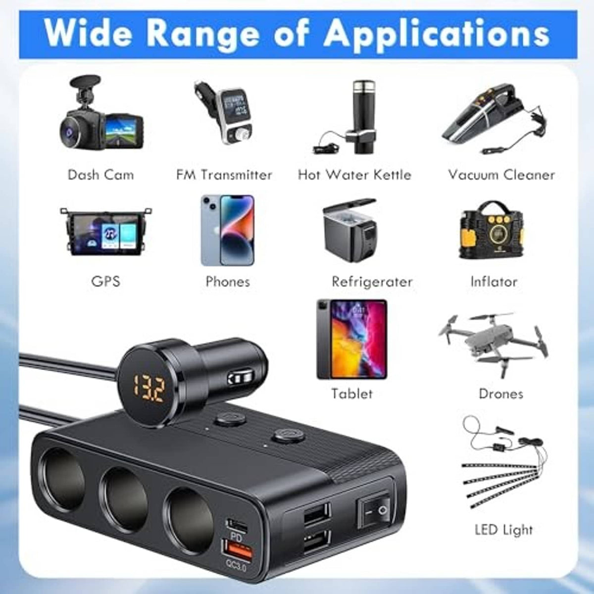 Car cigarette lighter splitter adapter with 3 sockets, USB QC, and USB-C PD port