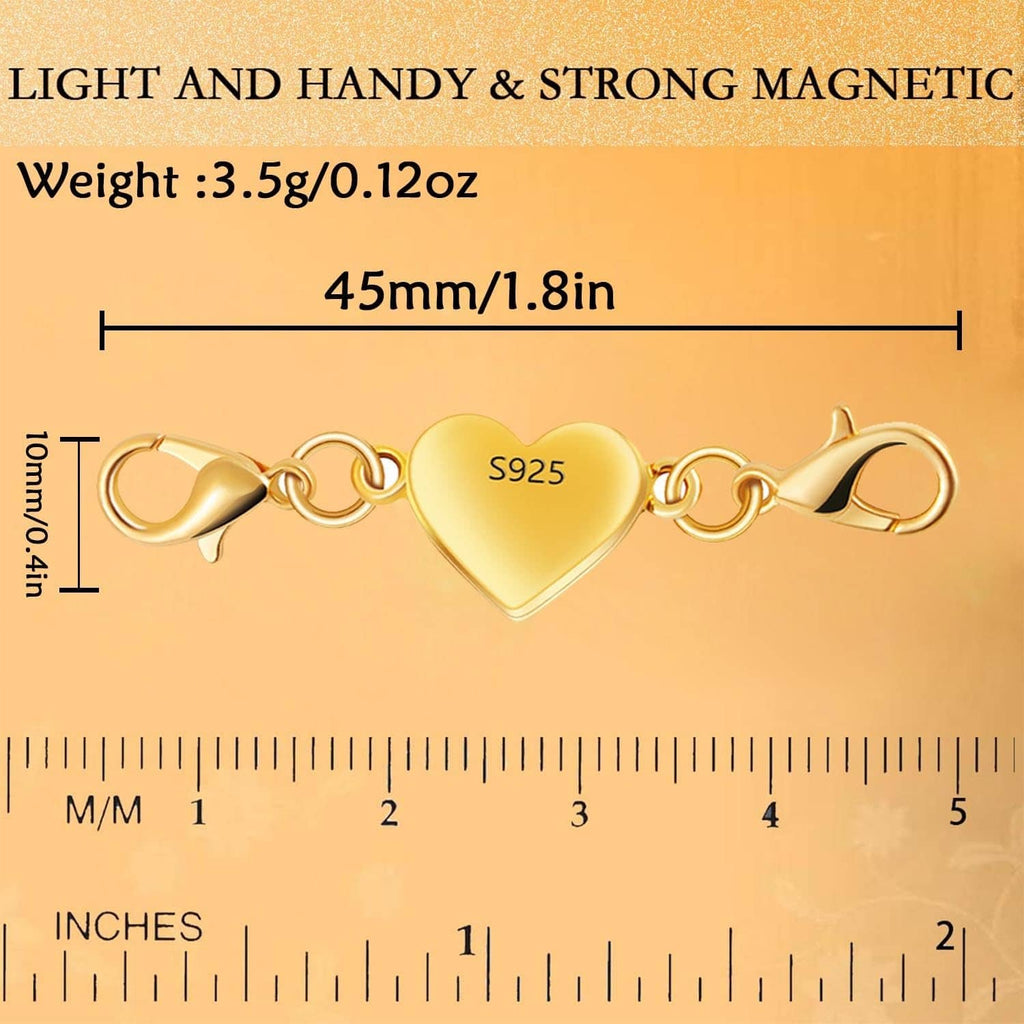 Gold S925 heart magnetic necklace clasp, 45mm size, chain link with safety hooks