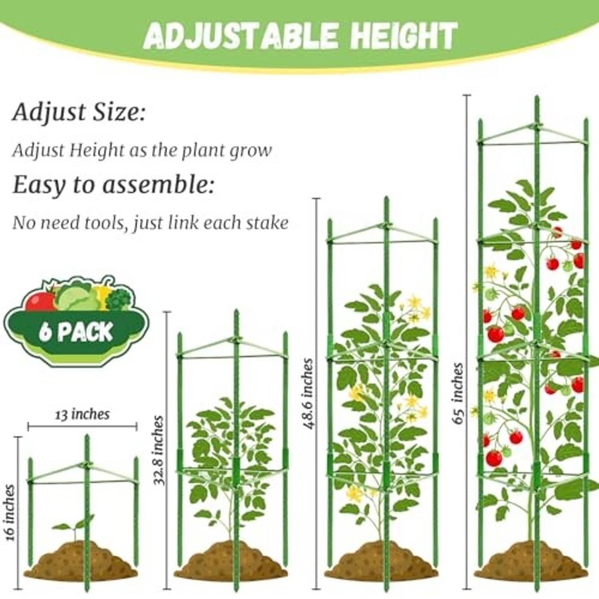 Adjustable height tomato plant support cage with multiple stake levels